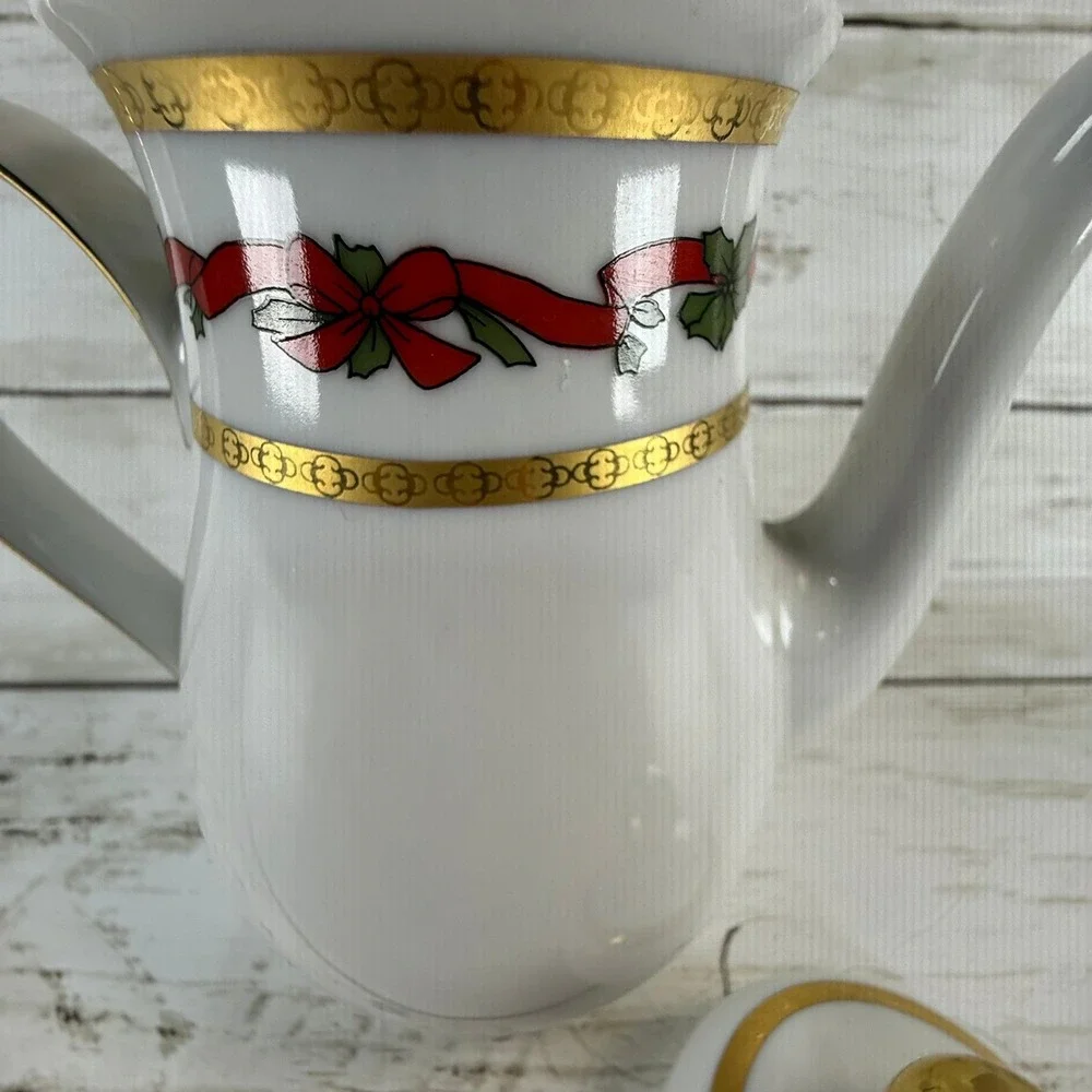 Mitterteich Bavaria‎ Christmas Coffee Pot White Porcelain Gold Trim Holly Ribbon